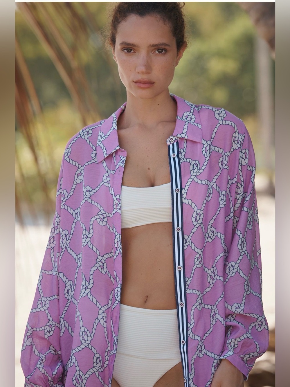 Women's Pink Rope-Print Swim Coverup Shirt